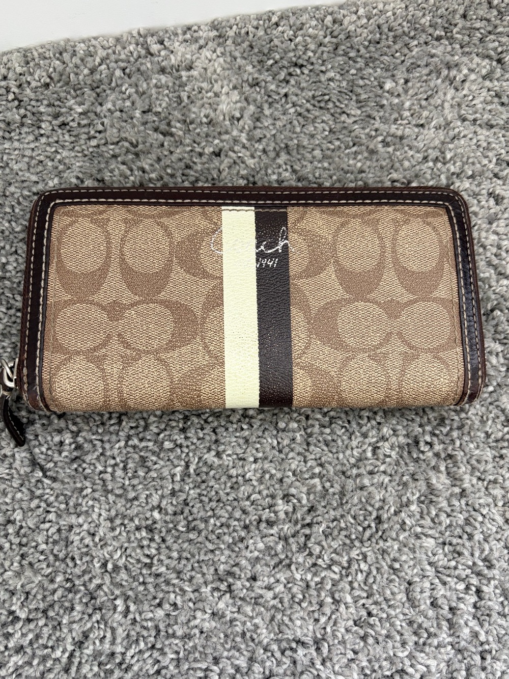 Coach Signature Stripe Zip Around Wallet Brown Tan